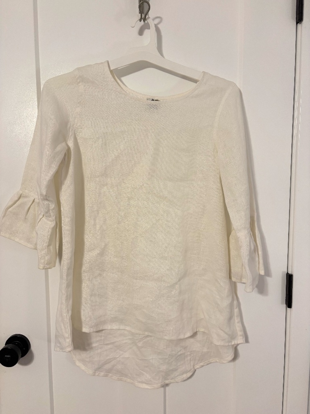 Crown Linen Designs 100% Linen White Ruffle Sleeve Top Cottagecore Lagenlook SM